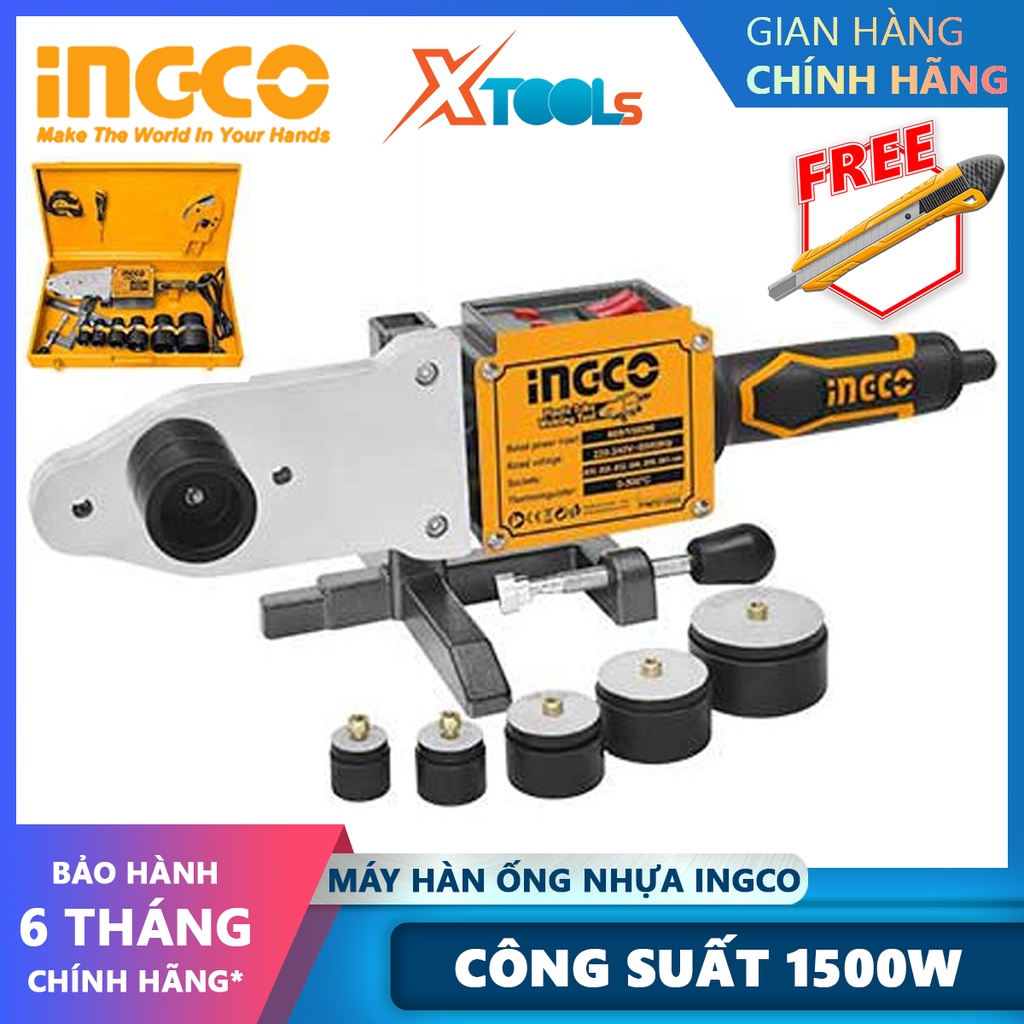 Máy hàn ống nhựa INGCO PTWT215002 | Máy hàn nhiệt 1500W, bộ ổ cắm nhiệt: 20, 25, 32, 40, 50, 63mm, Điều chỉnh nhiệt 0-30