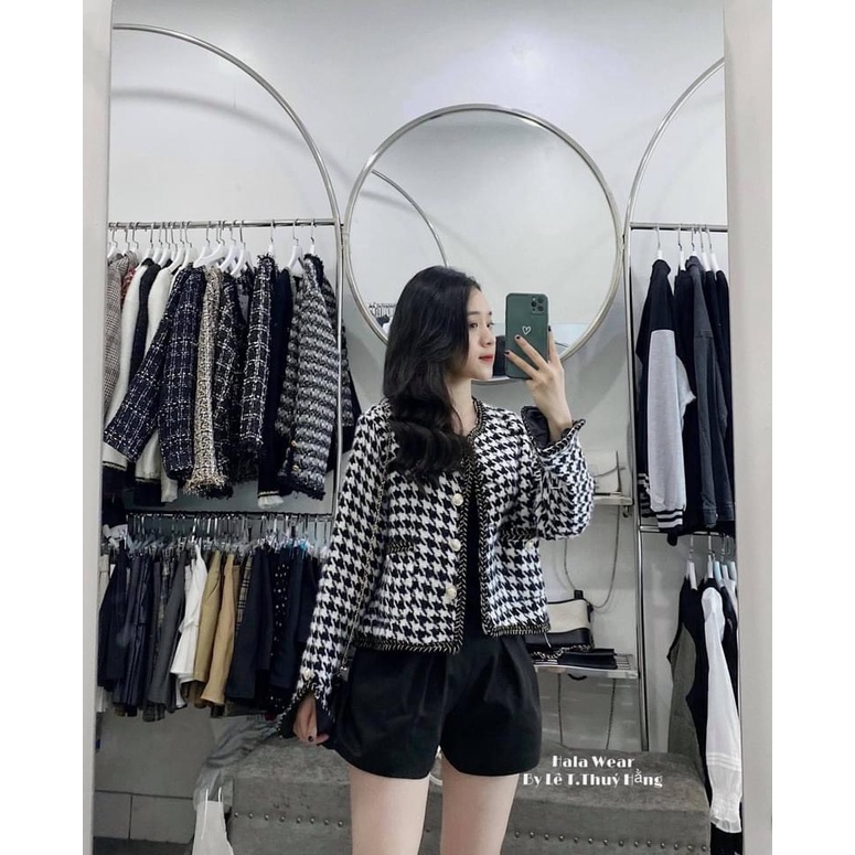 Áo khoác dạ kẻ viền mí dài tay áo dạ nữ tweed công sở | BigBuy360 - bigbuy360.vn