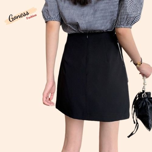 Chân váy chữ a trơn chỉ nổi có nơ buộc dáng ngắn nữ eo cao phong cách Hàn Quốc Goness CV20
