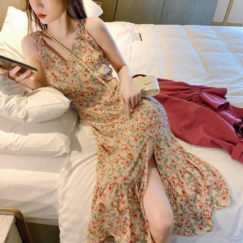 Đầm Dài Không Tay Cổ Chữ V Họa Tiết Hoa Phong Cách Retro Hàn Quốc