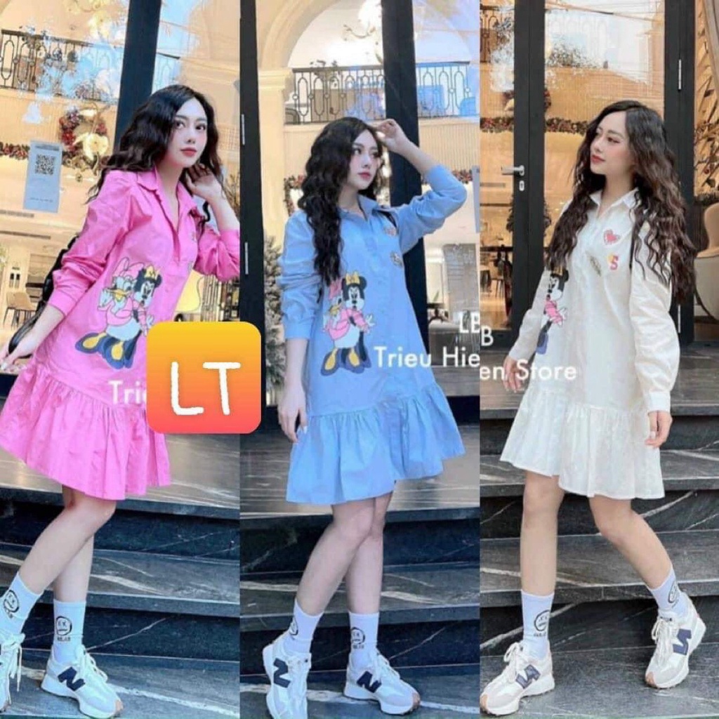 Đầm Sơ Mi Nữ Dáng Babydoll Tiểu Thư Disney Váy Xòe Xếp Li Mẫu Thiết Kế Phong Cách Siêu Dễ Thương Trẻ Trung