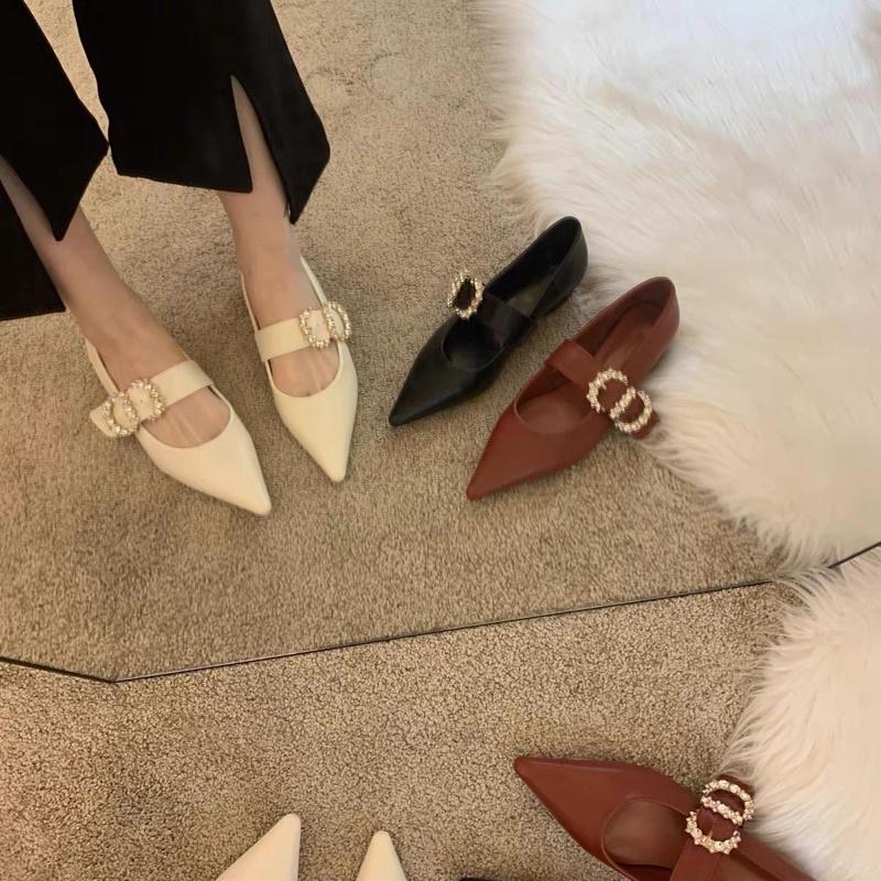 [SẴN HÀNG] Giày búp bê mũi nhọn Mary Jane retro nữ tính da mềm cao cấp