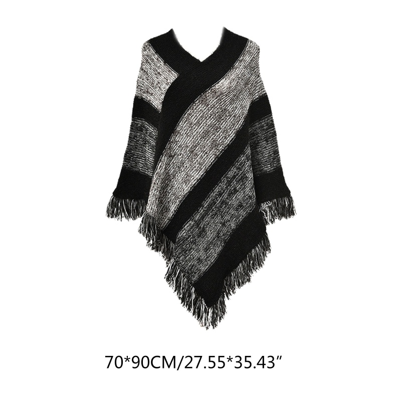 Áo choàng len Pashmina chui đầu cổ chữ V viền tua rua kẻ sọc màu sắc phong cách dân tộc thời trang mùa đông cho nữ
 | BigBuy360 - bigbuy360.vn