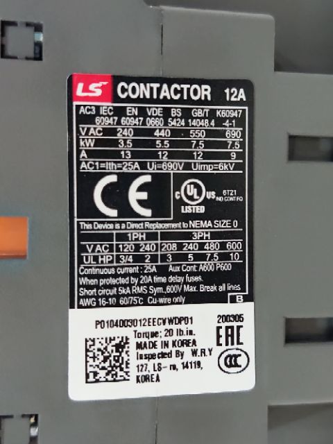 Contactor khởi động từ 12A MC-12b LS