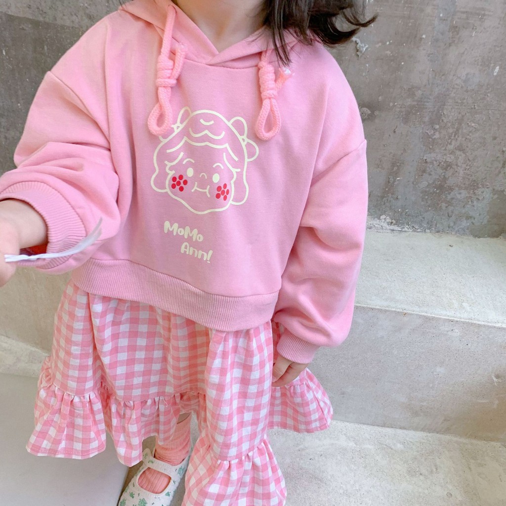 [A030] Áo hoodie hồng liền váy caro sz 80-130