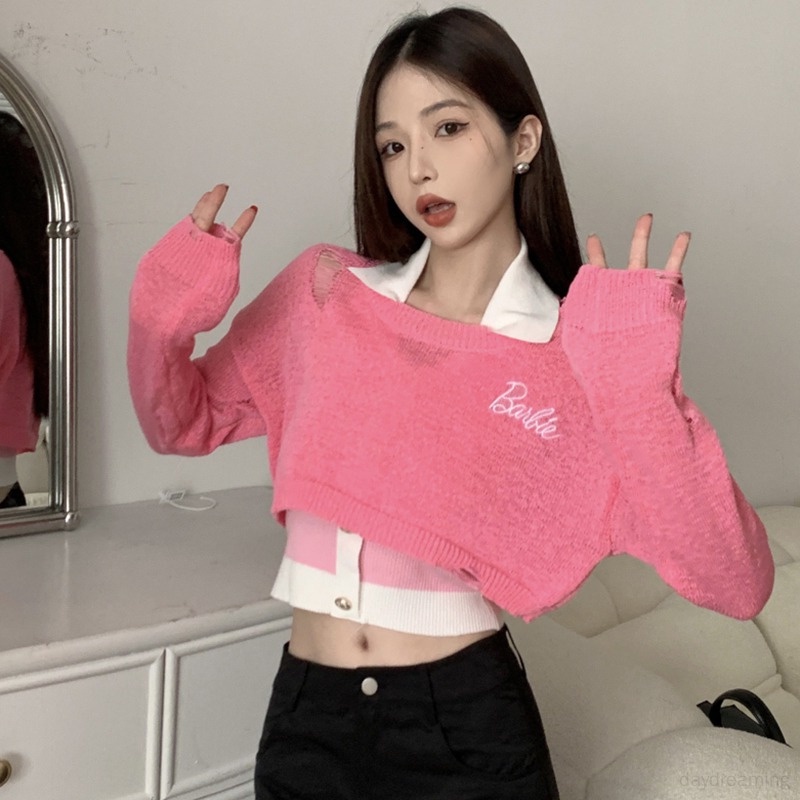 Áo Croptop Dệt Kim Cổ Tròn Dáng Ôm Màu Tương Phản Thời Trang Cho Nữ