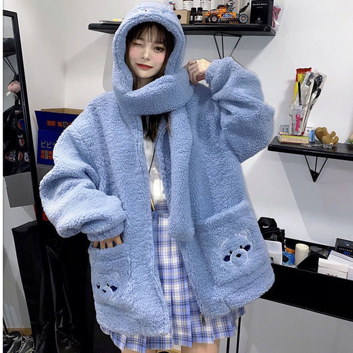 Áo khoác lông cừu dày dặn có nón trùm đầu xinh xắn dễ thương cho nữ