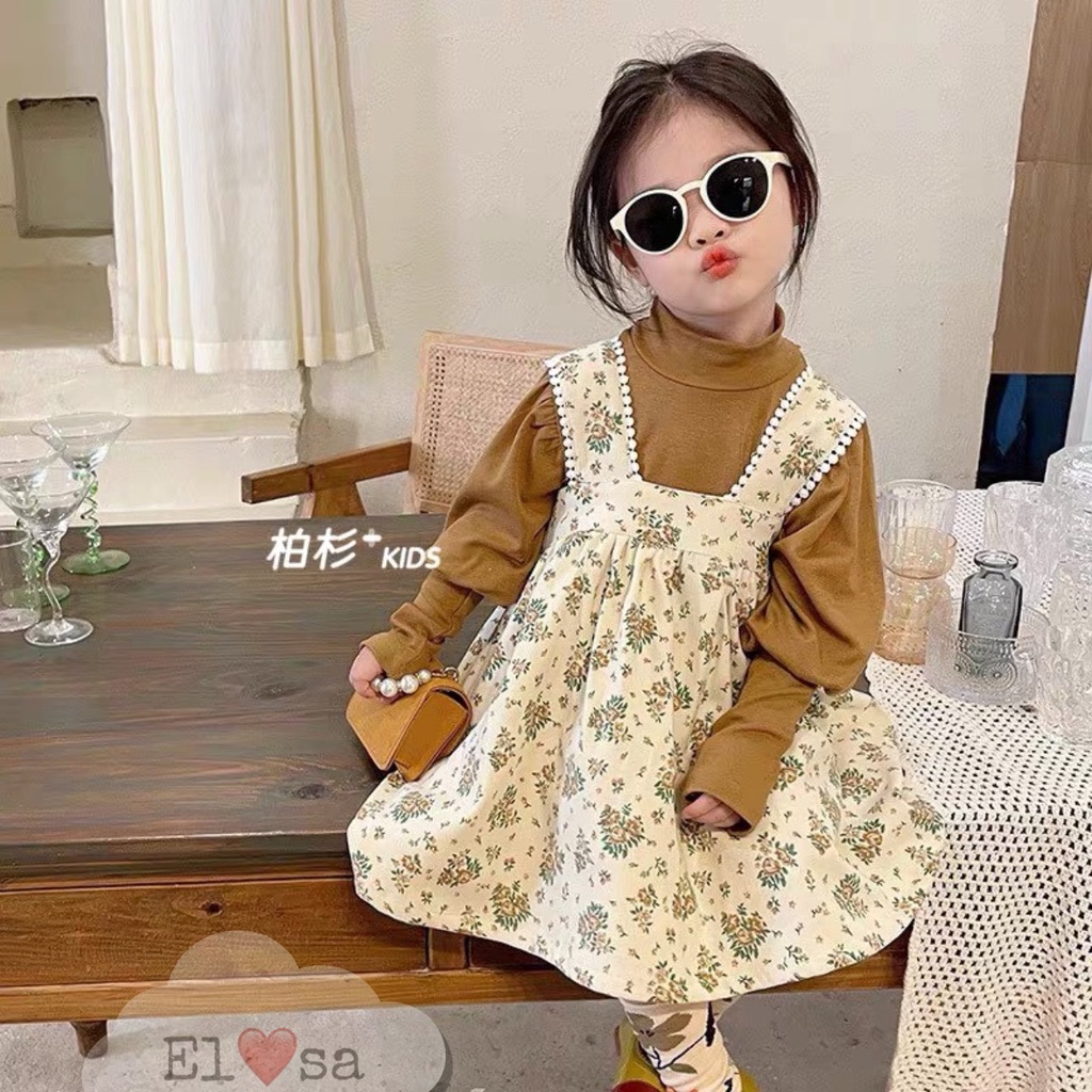 Váy bé gái dài tay yếm hoa nhung tăm và áo thun cổ 3p 2 mầu Nâu/Xanh, áo rời váy yếm XHN1080