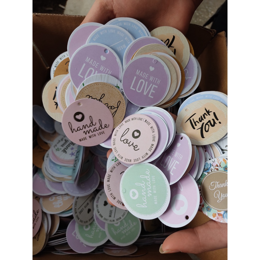 100 Tag giấy hình Tròn 5cm In tag thank you treo phụ kiện hàng có sẵn Tag TK Tròn