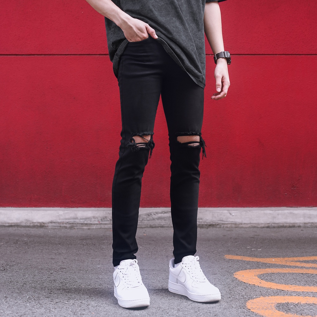 Quần Skinny Jeans Nam-Màu Đen-Rách Ngang Gối-Chất Liệu Cotton Co Giãn-Ống Đứng Dáng-Ống Ôm Chân Chuẩn Skinny