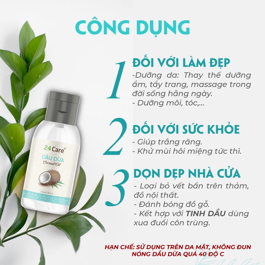 Dầu Dừa 24Care Nguyên Chất - Dưỡng tóc, giảm mụn, giảm tình trạng rạn da, tẩy trang - Dung tích 60ml