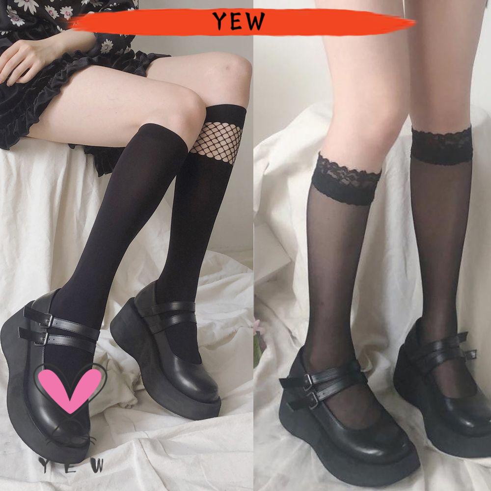 Vớ Lưới Ren Cao Đến Đầu Gối Đính Nơ Phong Cách Lolita Co Giãn Màu Trắng/Đen Chất Lượng Cao