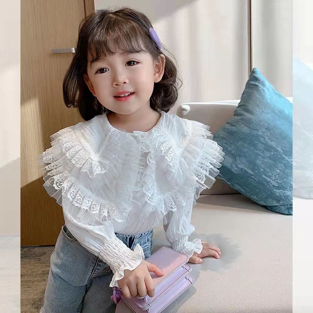 Áo Sơ Mi Trắng Tay Dài Cổ Búp Bê Dễ Thương Xinh Xắn Dành Cho Bé Gái