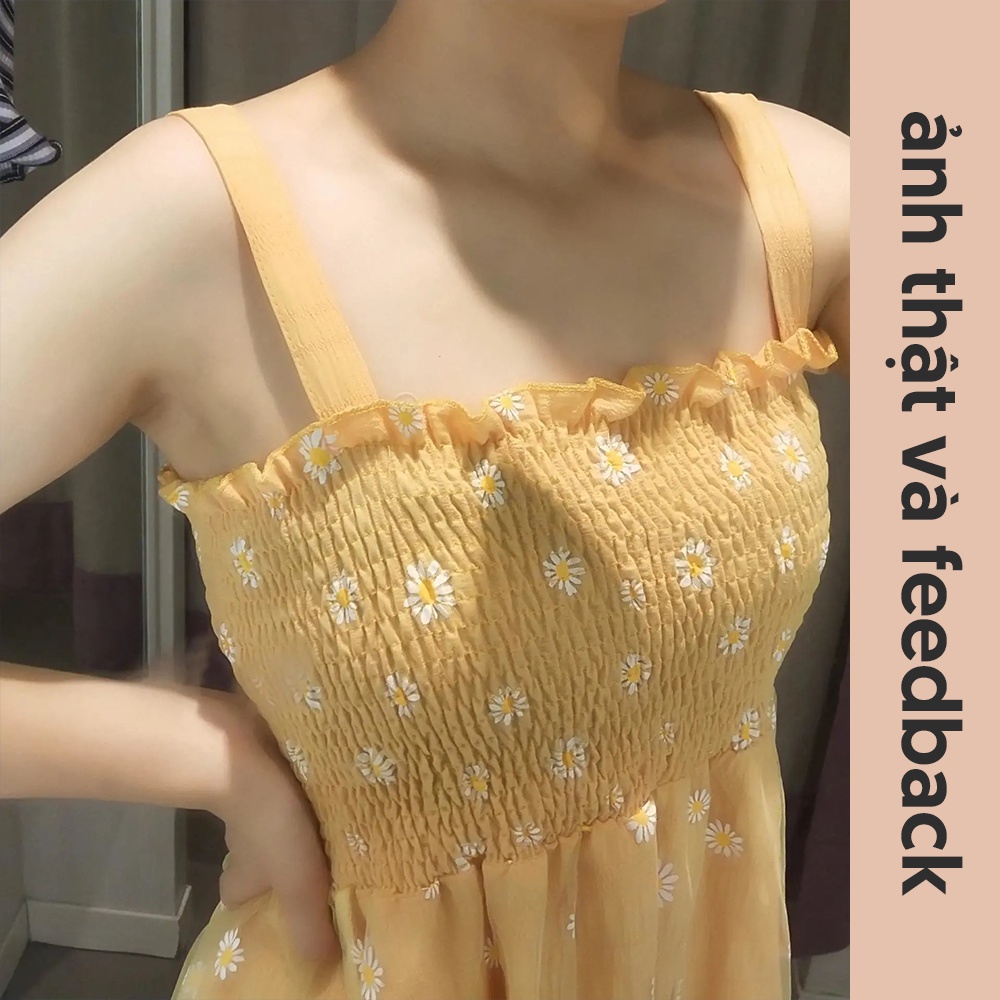 (SẴN) Váy / Đầm 2 dây xòe lưới dáng dài mix áo khoác Cardigan mỏng họa tiết hoa cúc dễ thương V00198 | BigBuy360 - bigbuy360.vn