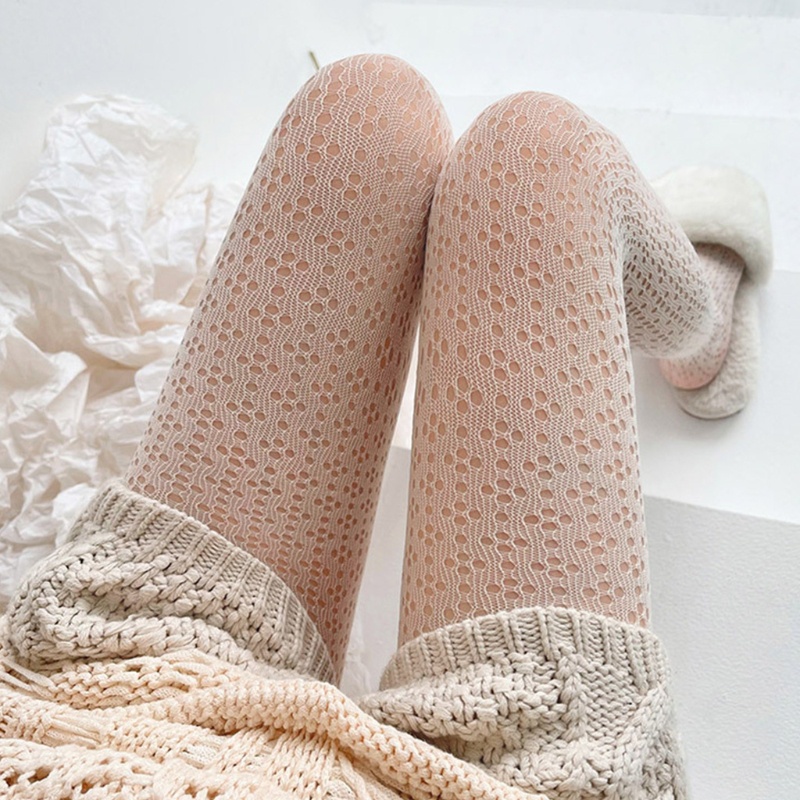 Quần Tất Dệt Kim Khoét Rỗng Họa Tiết Lưới Màu Trắng Sữa Phong Cách Lolita Cho Nữ