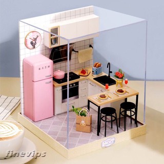Mô hình nhà gỗ DIY Phòng bếp màu hồng Full Mika
