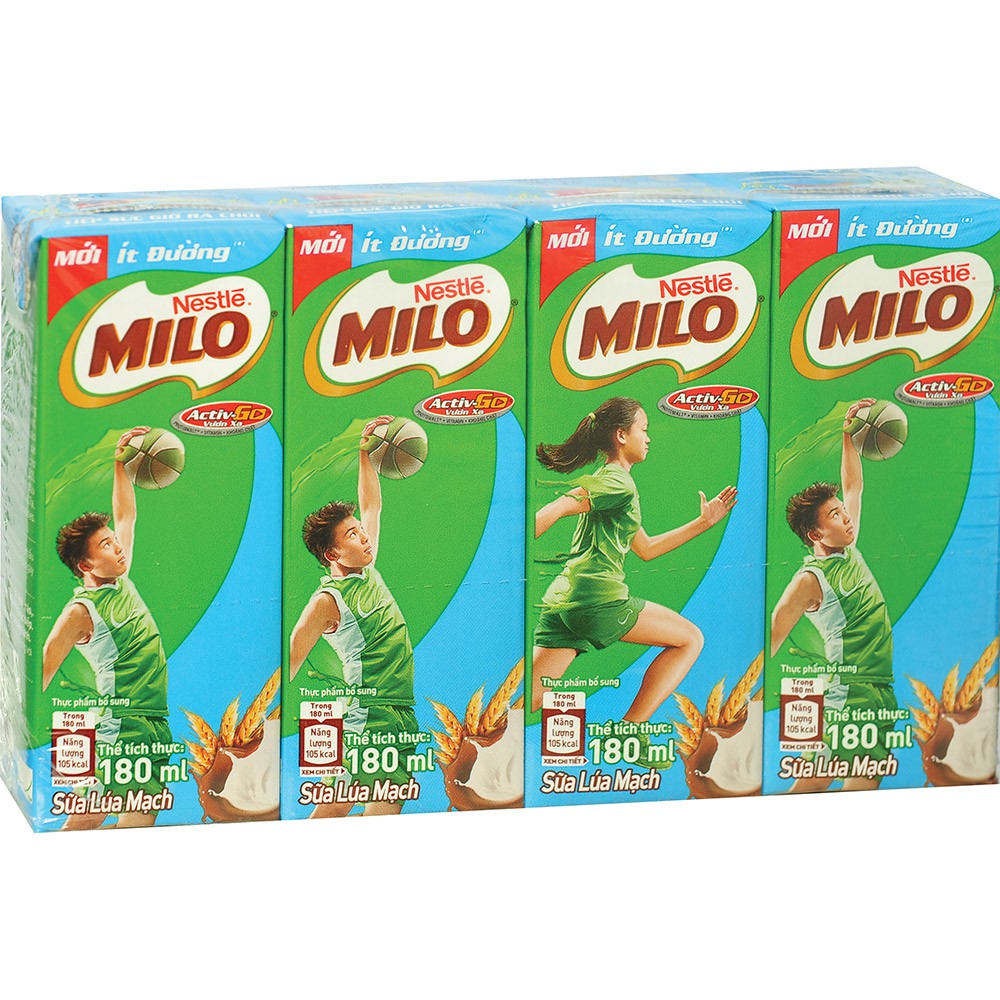 Sữa lúa mạch Nestle Milo ít đường/ ActivGo lốc 4 hộp x 180ml