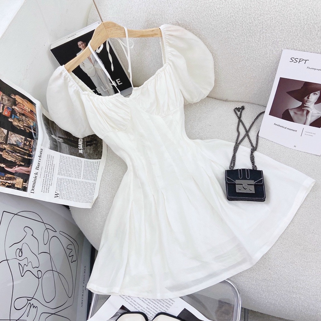 Đầm Trắng Cổ Vuông 💖DEMISS💖 Váy Trắng Cổ Vuông Tay Phồng Dáng Eo Quyễn Rũ - V-Trắng-29