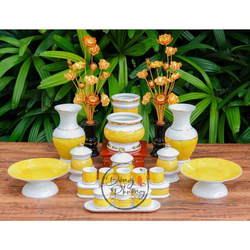 Bộ đồ thờ cúng thần tài thổ địa - Set đồ thờ phụng gia tiên Sứ Trắng Vân Vàng Cao Cấp