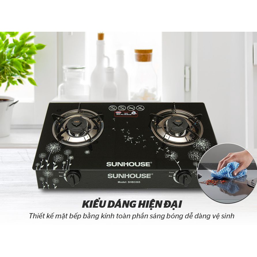 Bếp gas Sunhouse SHB3365-Chính Hãng Mới 100%+Tặng dây gas-Đầu đốt mới tiết kiệm gas-Mặt kính cường lực