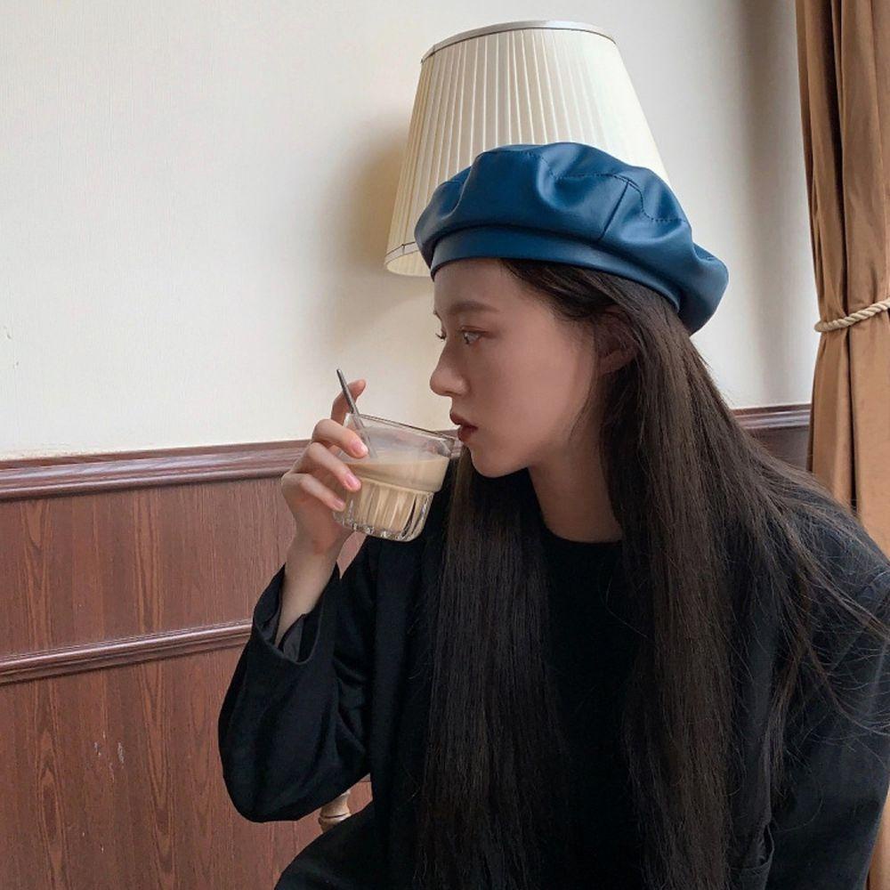 Nón Da PU WMES15H Phối Màu Nghệ Thuật Retro Thanh Lịch Thời Trang Hàn Quốc