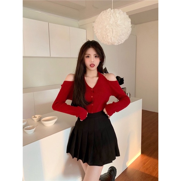 SET ÁO KHOÉT VAI TAY DÀI + CHÂN VÁY XẾP LY