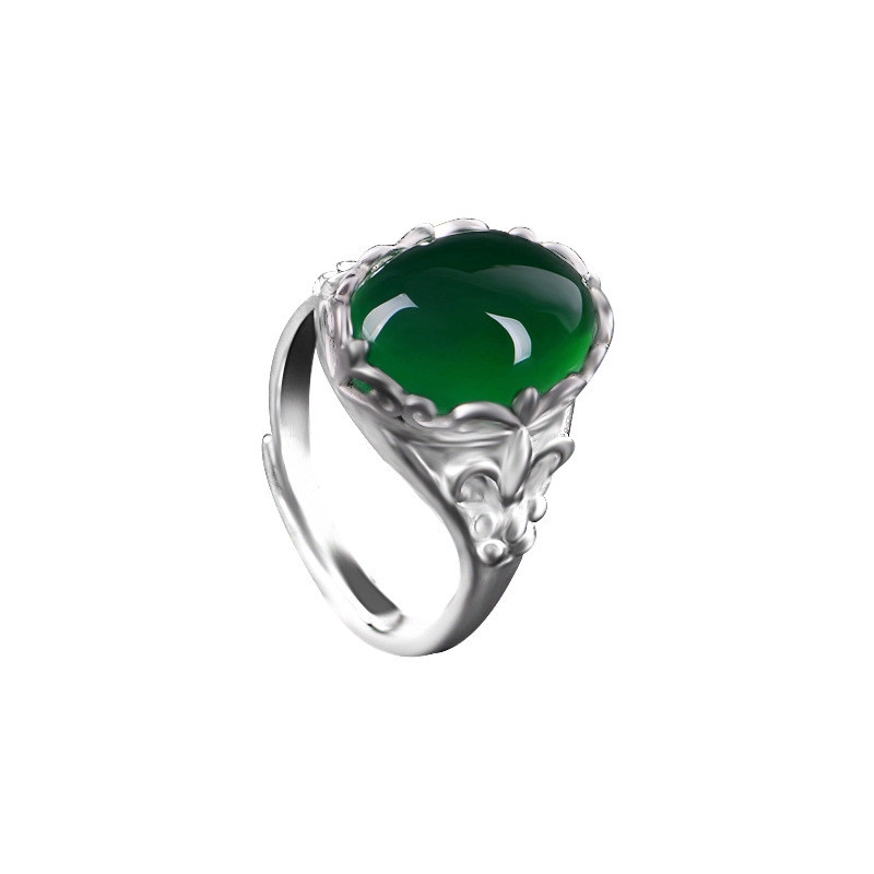 Nhẫn hở đính đá ngọc lục bảo màu xanh lá vintage có thể điều chỉnh cho nữ