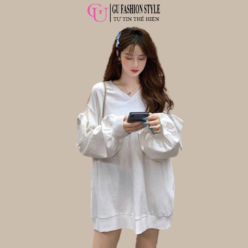 Áo Sweater Nữ Tay Bồng Khoét 1 Bên Vai Cài Nơ Form Rộng Unisex Chất Liệu Vải Nỉ 2 Màu Mã GUG051 - GU FASHION STYLE