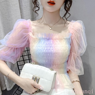 Áo voan trễ vai tay phồng ngắn cổ vuông họa tiết cầu vồng ngọt ngào mới cho nữ
