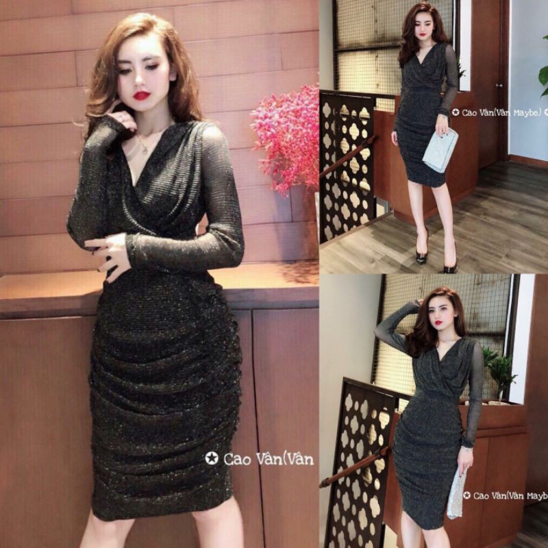 Đầm body nhũ kim tuyến Cao Cấp (Size S-M-L-XL) tay dài cổ V đắp chéo nhúng thân