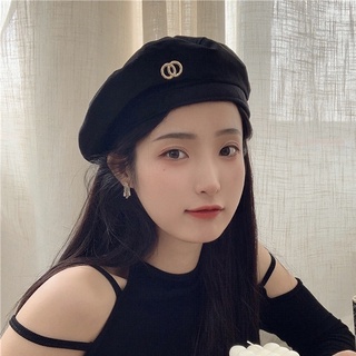 Mũ nồi chóp phẳng vải nhung vàng màu đen ngọt ngào cá tính khí chất retro thu đông Hàn Quốc cho nữ