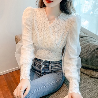 Áo Thun Tay Phồng Cổ Chữ V Phối Lưới Mỏng Nhẹ Thời Trang Xuân Thu Cho Nữ
