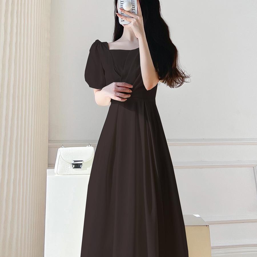 Đầm Trắng Dáng Dài Cổ Vuông Chiết Eo Kiểu Pháp Thời Trang Sang Trọng Cho Nữ