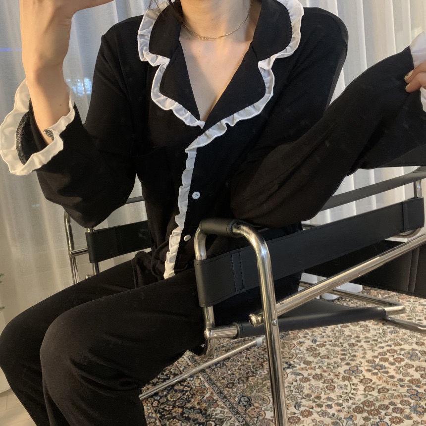 Bộ đồ ngủ tay dài phong cách Hàn Quốc thiết kế đơn giản thời trang cho nữ