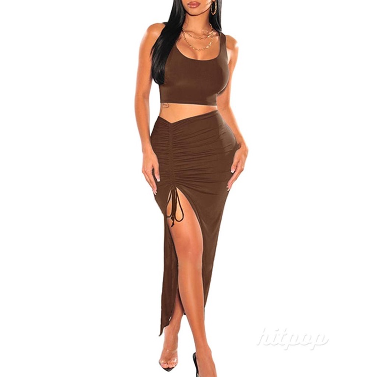 Hitpop-Women´s Short Skirt Suit Solid Color Sleeveless U-Neck Crop Tank Tops + Side Ruched High Slit Skirt