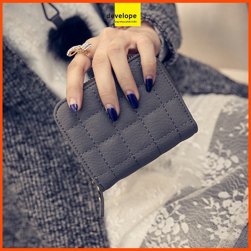 Ví nữ  DEVELOPE đựng thẻ / xu họa tiết da PU KIỂU CARO  nhỏ gọn