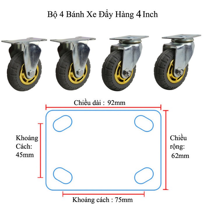 Bộ 4 Bánh Xe Đẩy Hàng Chịu Lực Cao Chống Tiếng Ồn Xoay 360 độ 7giftshop