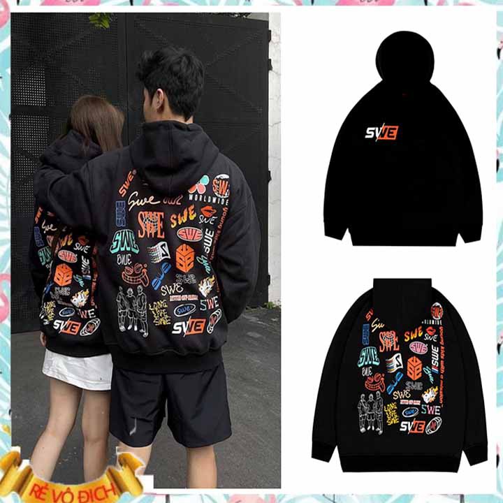 💥 HÓT💥 ÁO NỈ BÔNG CÓ NÓN HOODIE HỌA TIẾT SWE TÚI TRƯỚC UNISEX, Áo Hoodie In Họa Tiết Chữ Thời Trang Dành Cho Nam Và Nữ