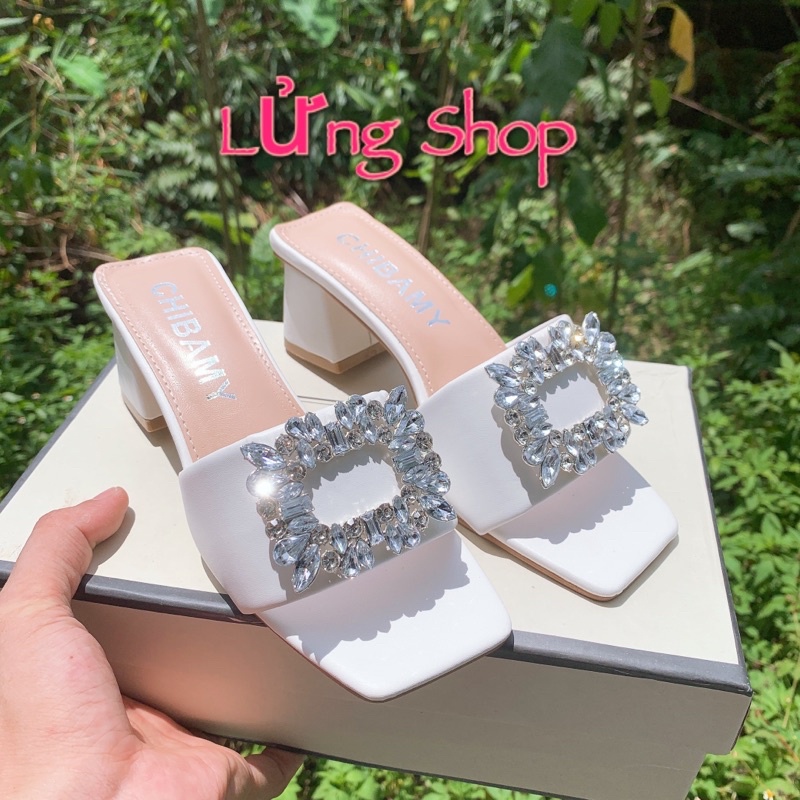 Giày Cao Gót Đính Đá Lửng Shop Chất Da Mềm Quai Ngang Bản to thanh lịch, cao gót đính đá bản ngang