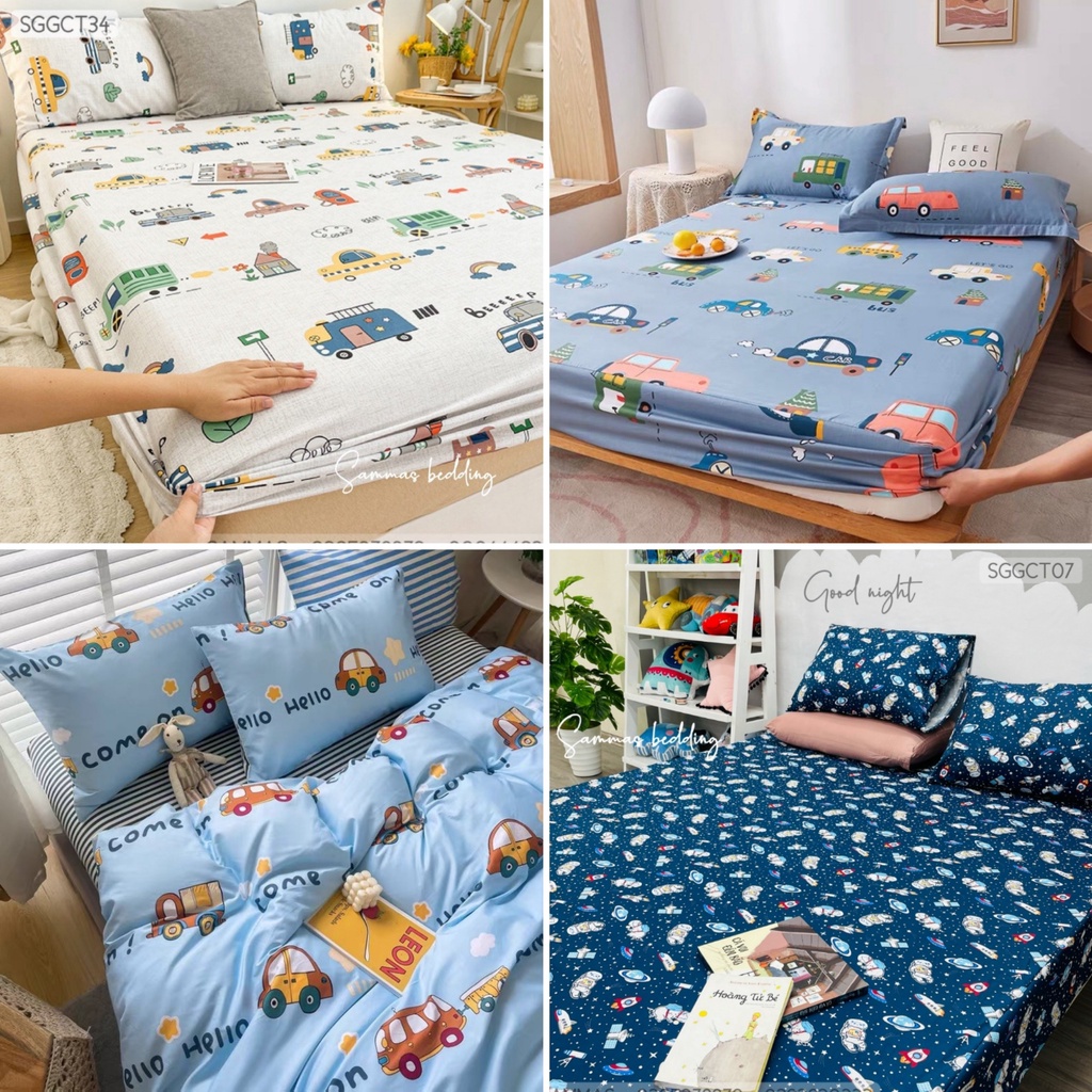 Drap Giường Kèm Vỏ Gối, Bộ Chăn Ga Gối 3 Món Cotton 100%, Thoáng Mát - Mẫu Ô Tô