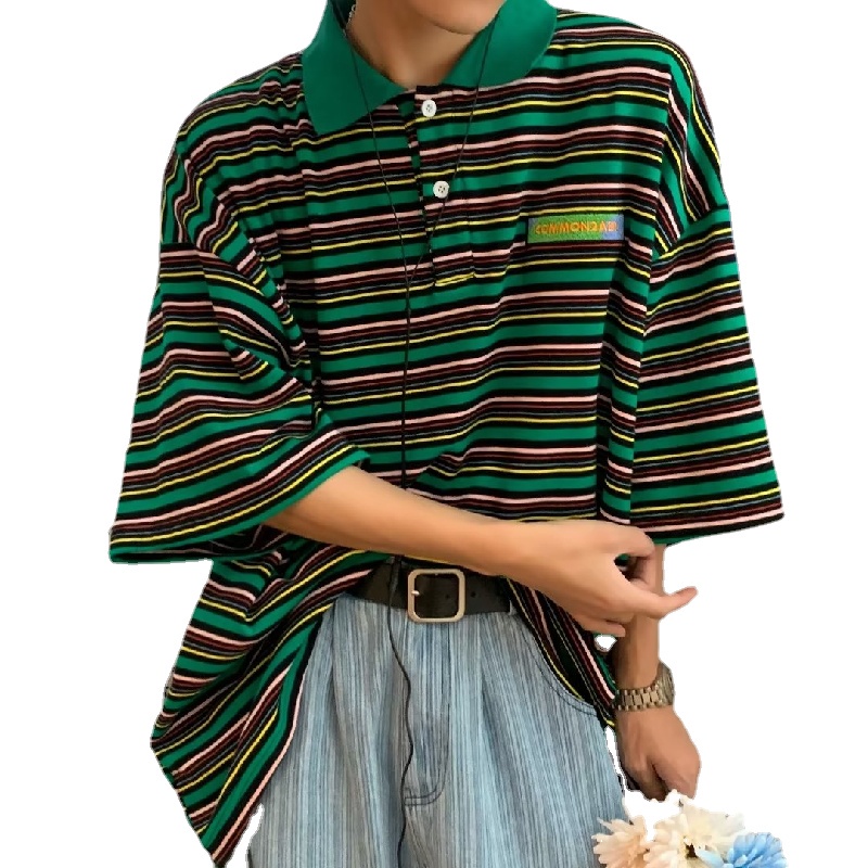 Áo Thun polo Tay Ngắn Dáng Rộng Thoáng Khí In Họa Tiết Kẻ Sọc Phong Cách hip hop Thời Trang Mùa Hè Cho Nam