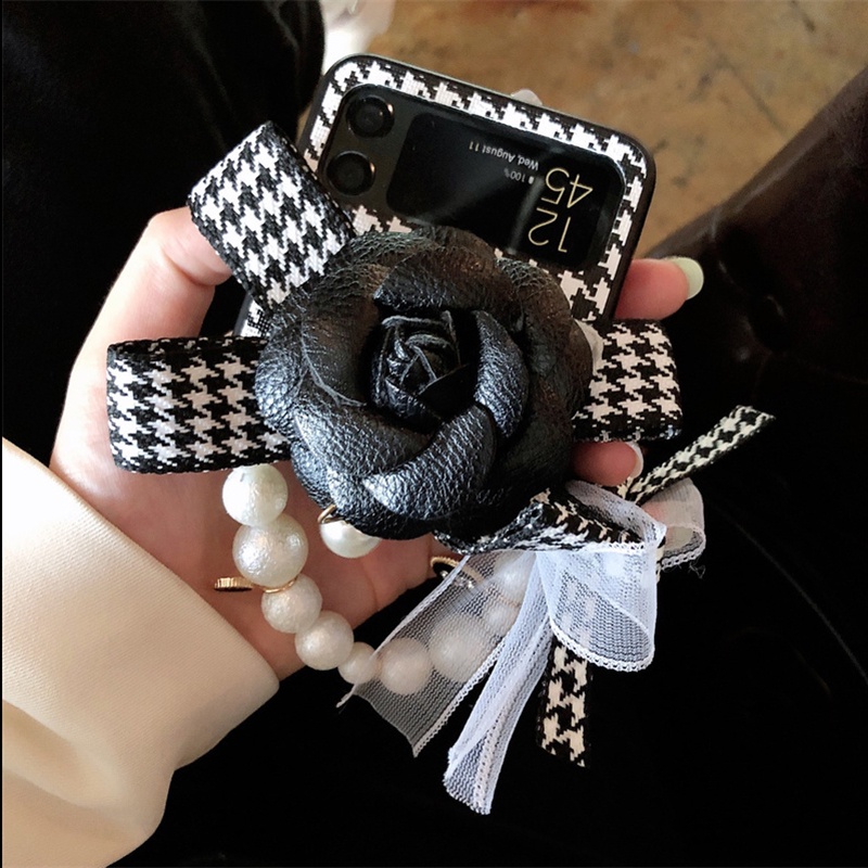 Bao Da Điện Thoại pu Nắp Gập Họa Tiết Hoa Trà / Lá Đính Ngọc Trai Giả Cho samsung galaxy z flip 4g 5 4 3 flip3 flip4 zflip5 5g