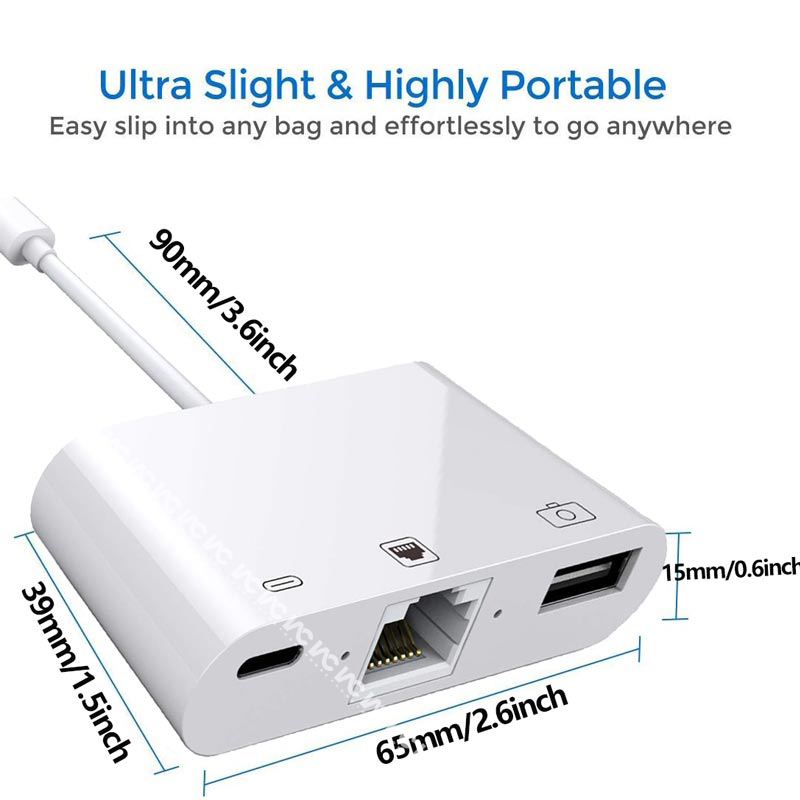 Thiết bị chuyển đổi có dây từ lightning sang Ethernet LAN kiêm đầu đọc camera 3 trong 1 USB cáp OTG đồng bộ dữ liệu và sạc nhanh