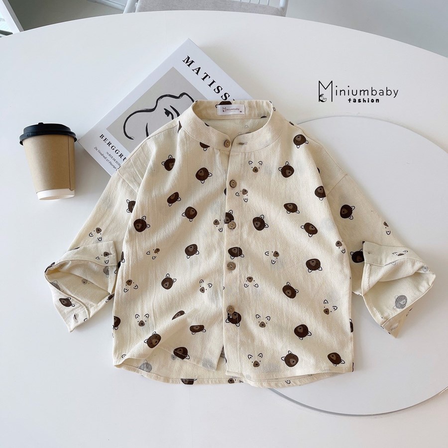 Áo sơ mi dài tay thu đông cổ tàu in gấu cho bé trai chất liệu thô boi, bộ quần áo trẻ em miniumbabyfashion A1389