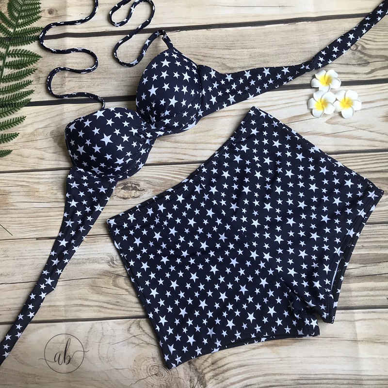 Bikini 2 mảnh nâng ngực, quần cạp cao, họa tiết sao trẻ trung, hiện đại ( Freesize 40-55kg)