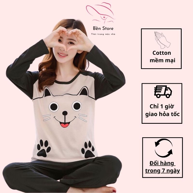Bộ ngủ dài tay, bộ thu đông nữ, đồ bộ nữ đồ mặc nhà họa tiết xinh xắn dành cho nữ dưới 50kg - Bền Store