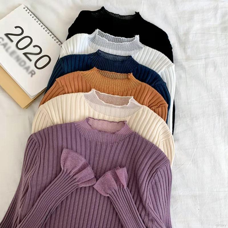 Áo Dệt Kim Dài Tay Cổ Tròn Phối Ren Màu Trơn Phong Cách Hàn Quốc