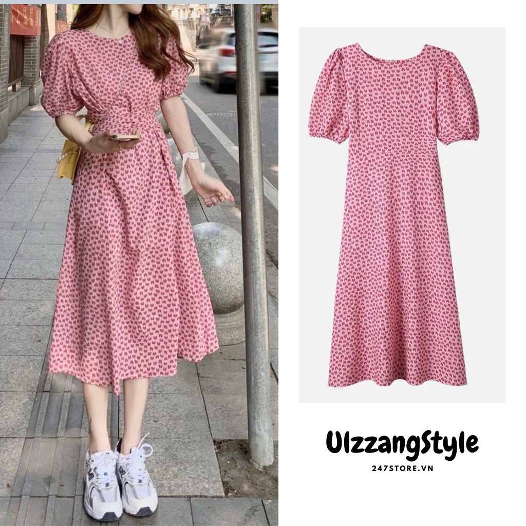 Đầm - váy ulzzang cổ tròn dây buộc nơ eo tay bồng dàng dài qua gối Vaytimhong