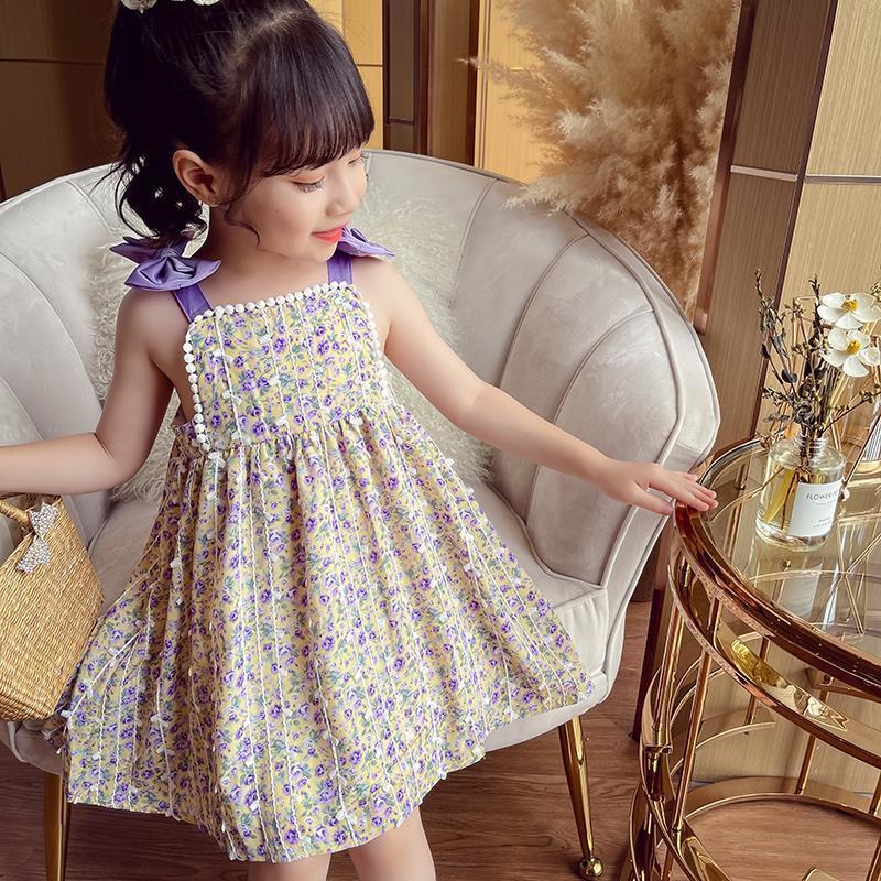 Đầm Hoa Hai Dây Đính Nơ Phong Cách Phương Tây Thời Trang Mùa Hè Hàng Mới Dành Cho Bé Gái
