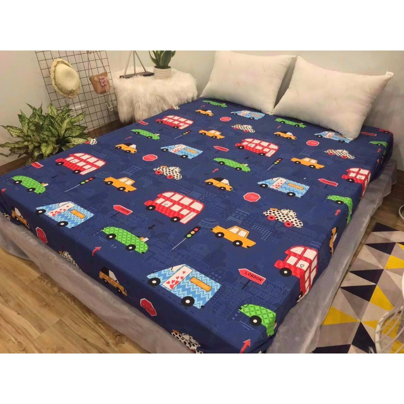 Vỏ gối ôm cotton poly 35x100cm mẫu-ô tô xanh